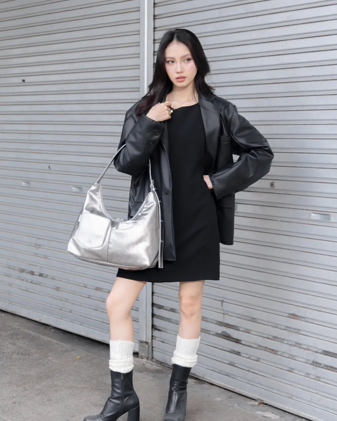 SIGNATURE POCKET LEATHER HOBO BAG IN NICKEL TSL Singapore