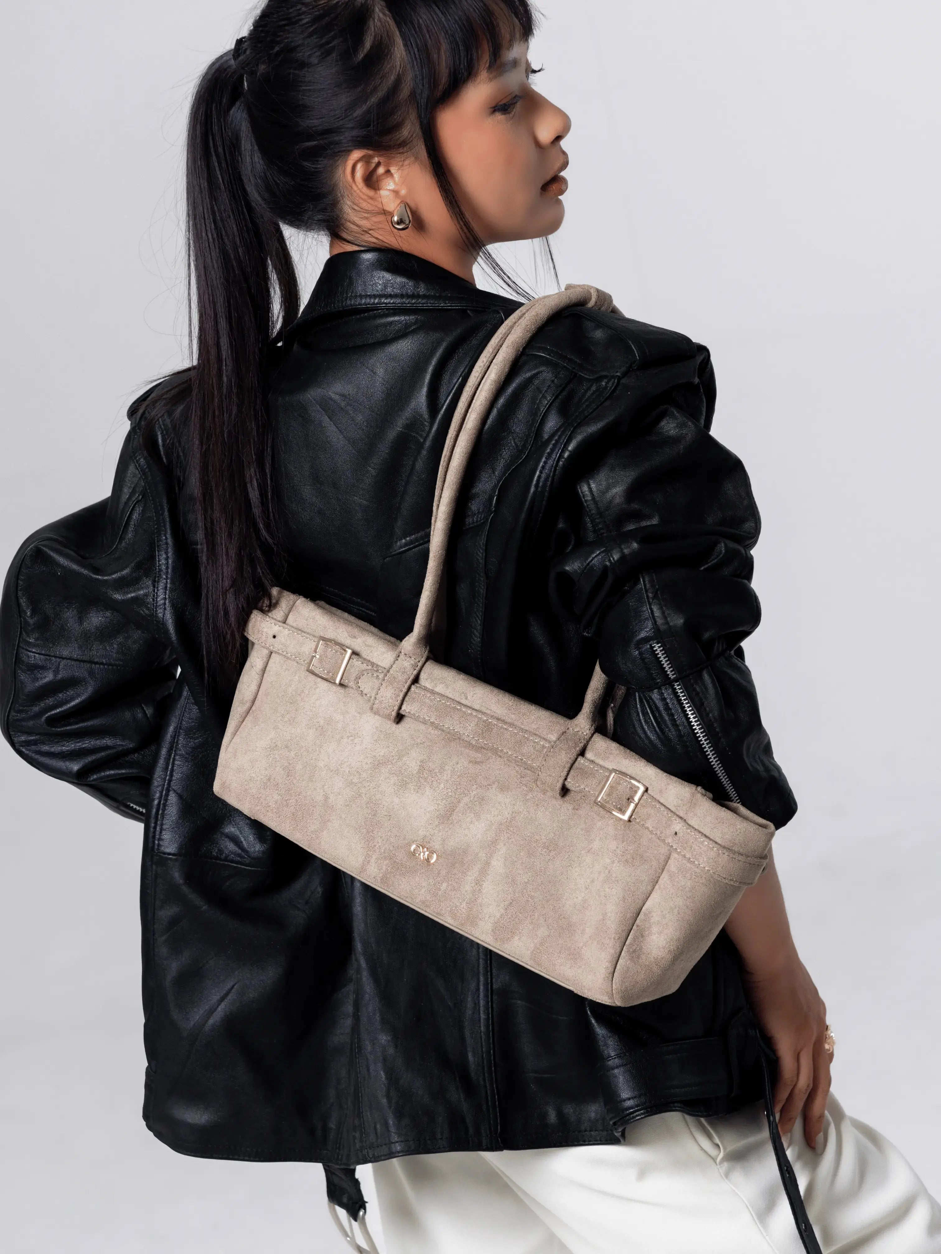 VALENTINA SUEDE BAGUETTE BAG IN DUNE TSL Singapore