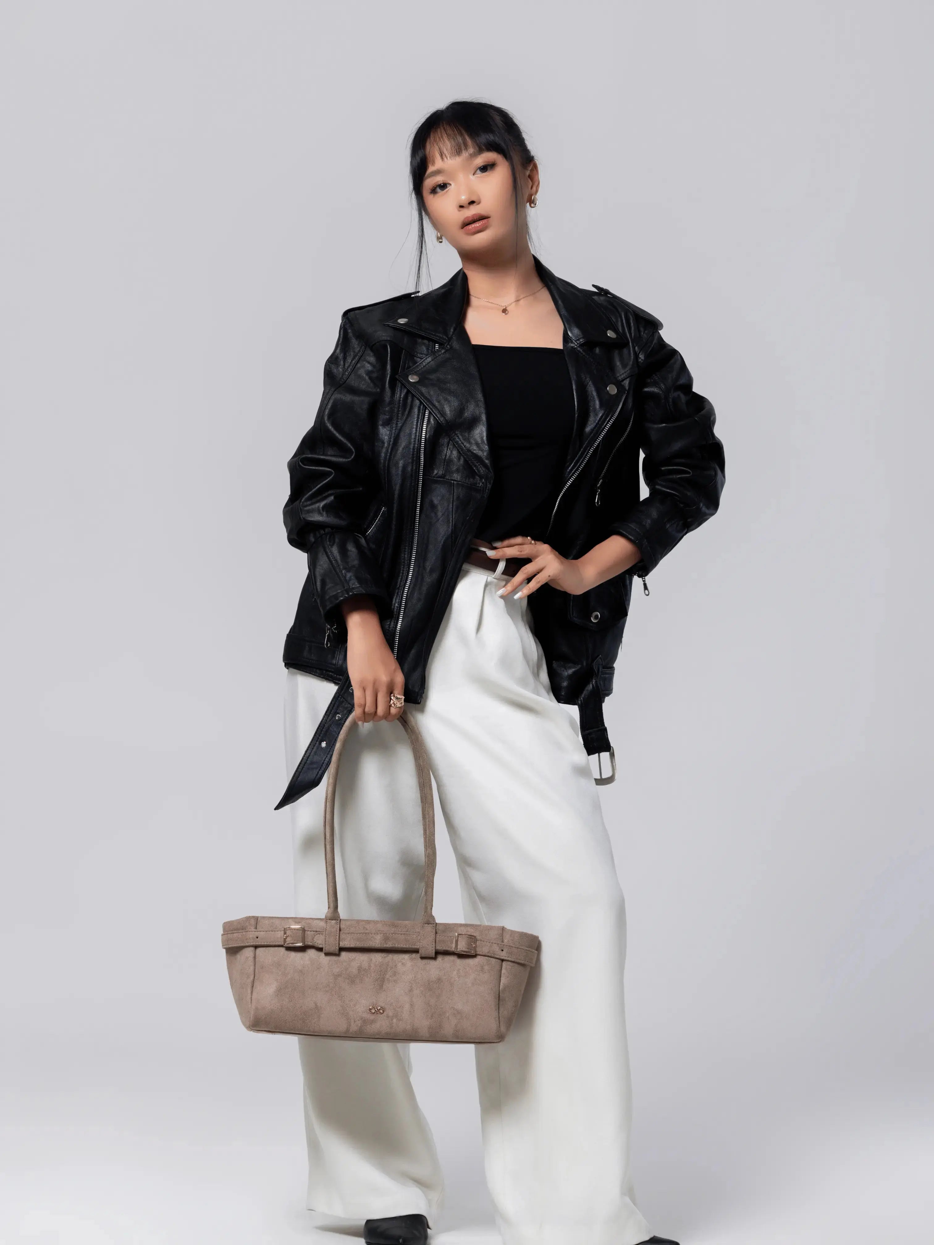 VALENTINA SUEDE BAGUETTE BAG IN DUNE TSL Singapore