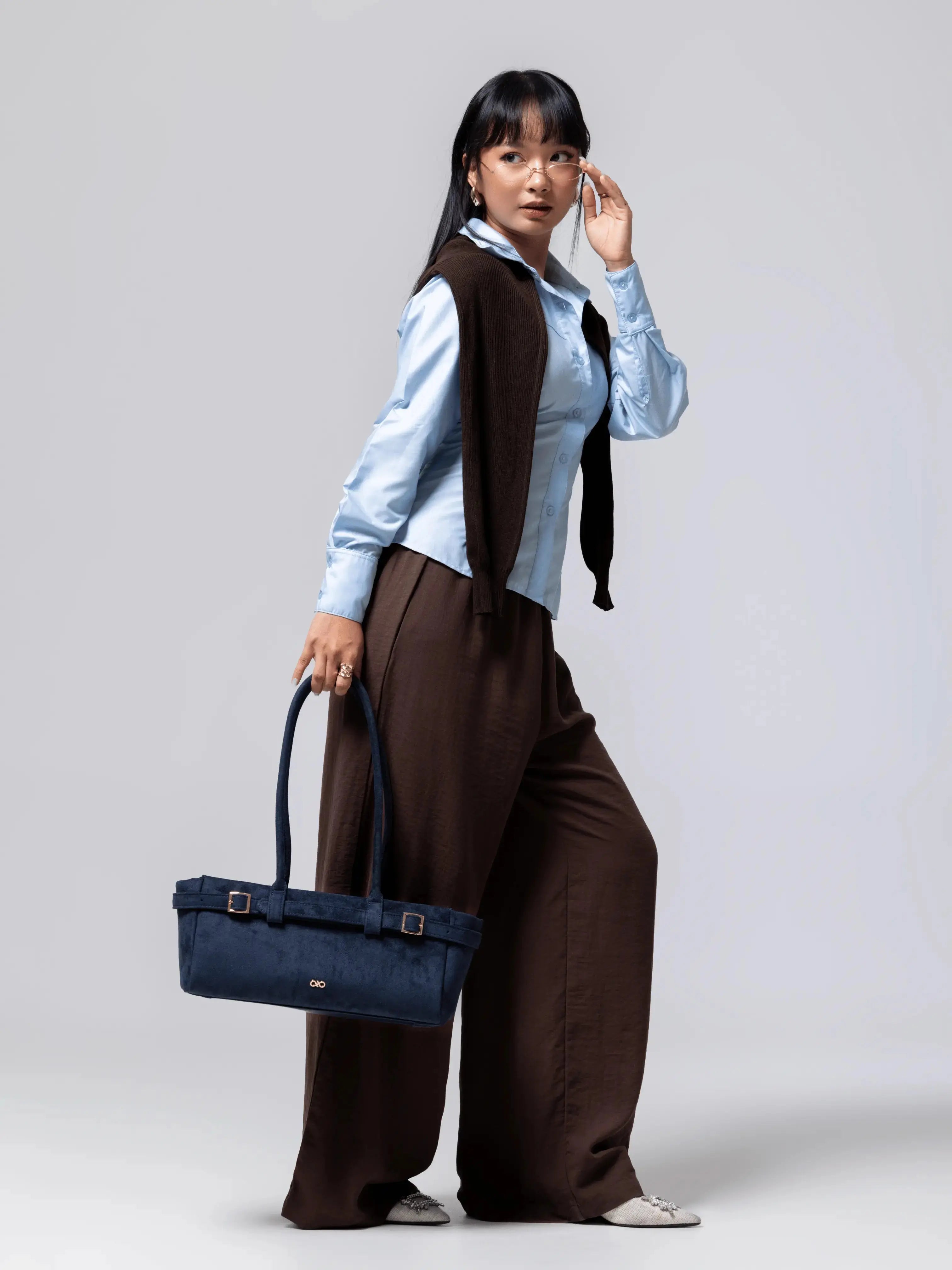 VALENTINA SUEDE BAGUETTE BAG IN PRUSSIAN BLUE TSL Singapore