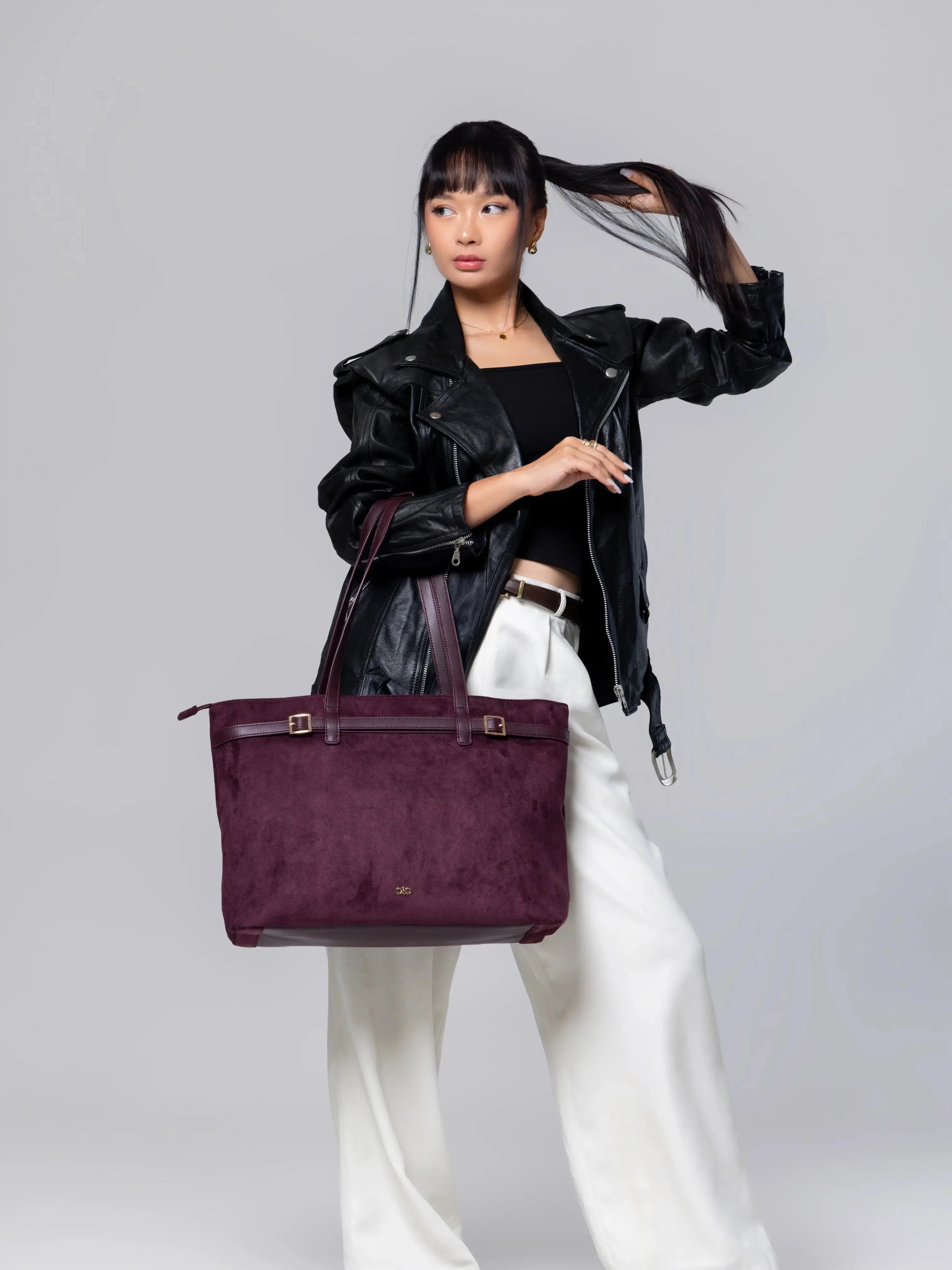 VALENTINA SUEDE TOTE BAG IN BURGUNDY TSL Singapore